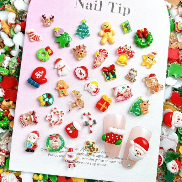 100Pcs Christmas Nail Charms, 3D Resin Gingerbread, Santa & Xmas Tree Decoration - Picture 5 of 6